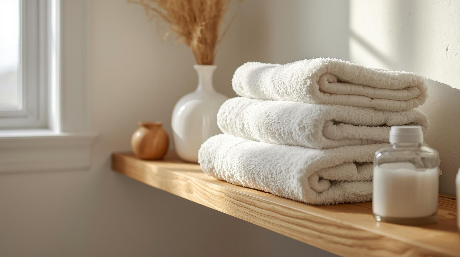 Collection de linge de bain haut de gamme en diverses couleurs suspendue sur un mur blanc minimaliste